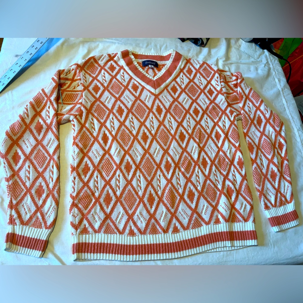 Vintage cotton orange & white Argyle Setball sweater, marketed to men, size M